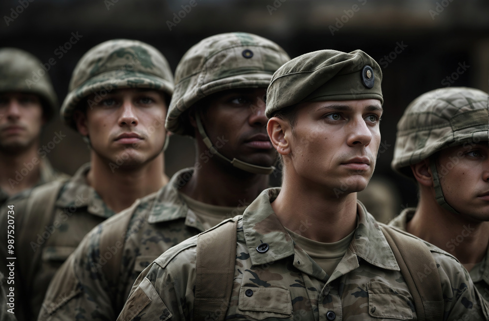 Young soldiers in camouflage uniforms stand in a row