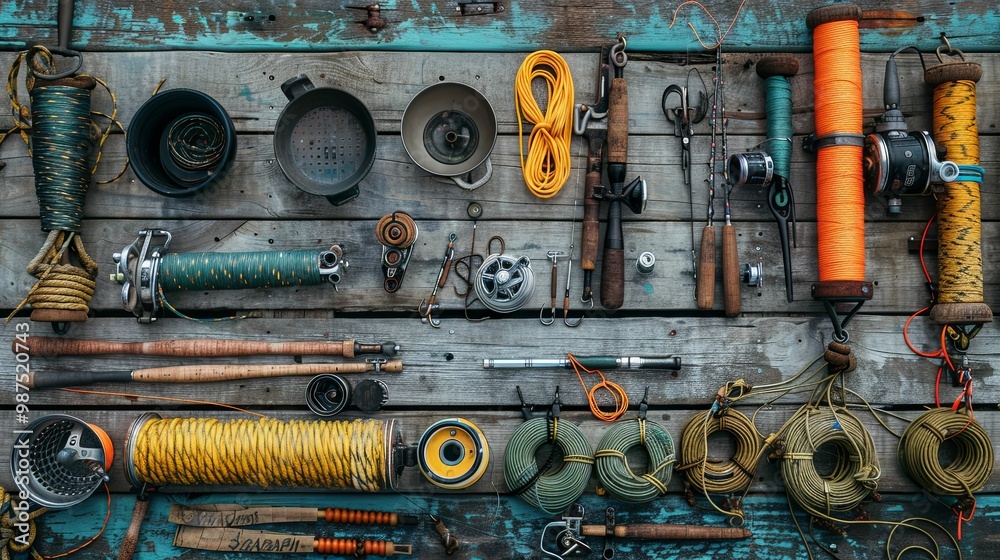 An Assortment of Fishing Gear Hanging on a Wooden Dock An Assortment of Fishing Gear Hanging on a Wooden Dock