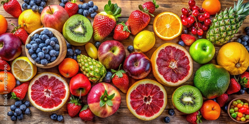 A stunning selection of fresh fruits arranged artfully on a rustic wooden surface, celebrating healthy living and inviting a delicious, vibrant lifestyle for everyone. A stunning selection of fresh fruits arranged artfully on a rustic wooden surface, celebrating healthy living and inviting a delicious, vibrant lifestyle for everyone.