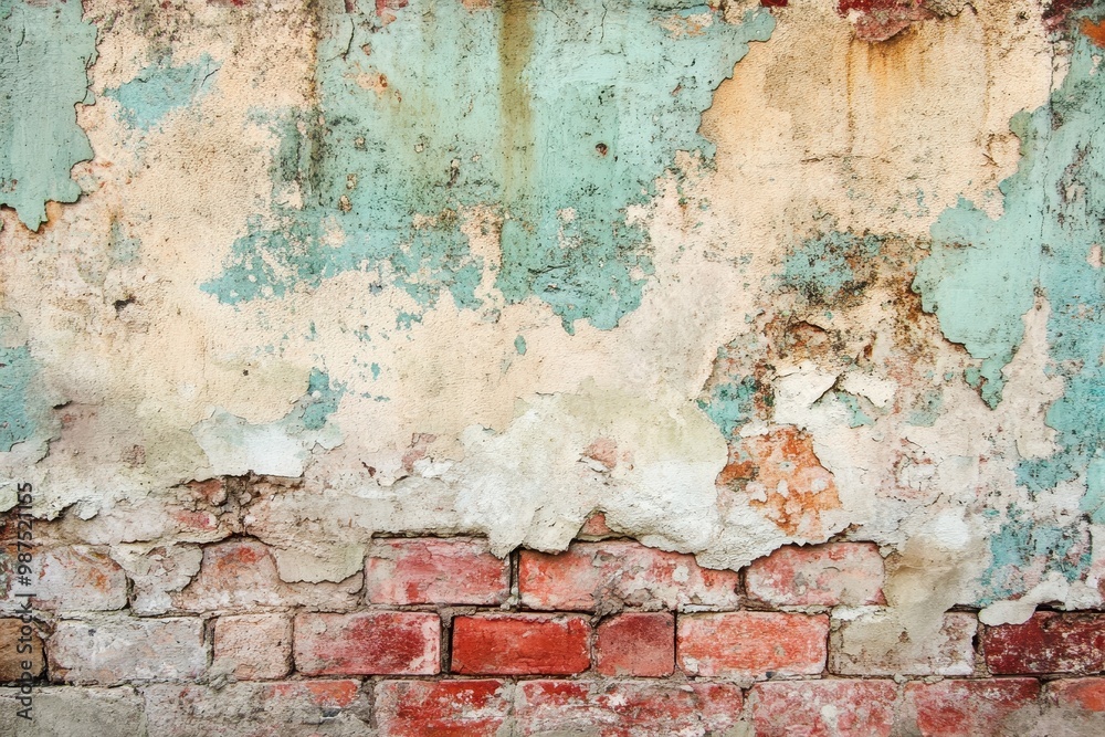 Fototapeta premium Weathered Brick Wall with Peeling Paint and Mortar