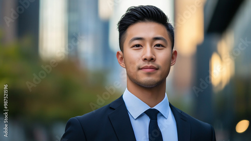 Portrait of an handsome Asian man in suit outdoors with a blurry business center in backdrop