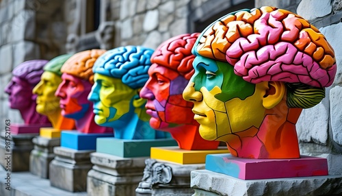 Colorful brain sculptures embodying creativity and diversity, showcased artfully on a stone base photo