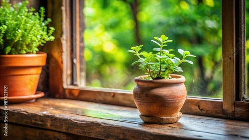 A tiny green plant thrives in a rustic ceramic pot, surrounded by lush foliage, bathing in warm sunlight streaming through the outdoor windowsill.