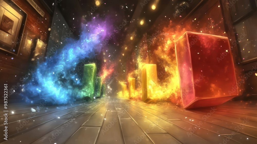 A vibrant scene with colorful glowing blocks and swirling light effects in a wooden interior. A vibrant scene with colorful glowing blocks and swirling light effects in a wooden interior.