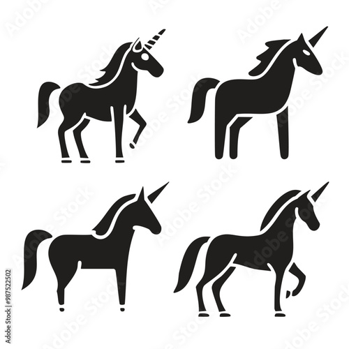 Black horse or unicorn icon set isolated on white background vector