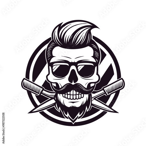 Barbershop logo with skull vintage hair mustache and sunglasses, cool design.