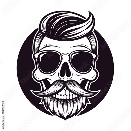 Barbershop logo with skull vintage hair mustache and sunglasses, cool design.