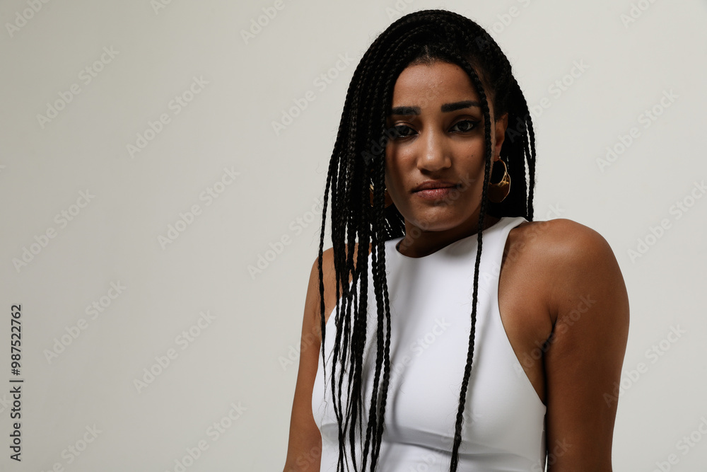 African American young woman with long dark braids looking at the camera. African American young woman with long dark braids looking at the camera.