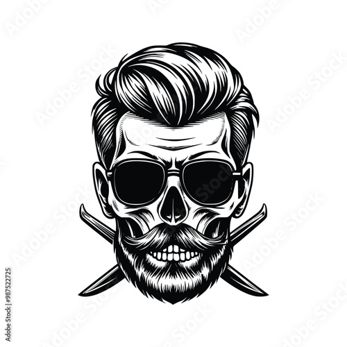 Barbershop logo with skull vintage hair mustache and sunglasses, cool design.