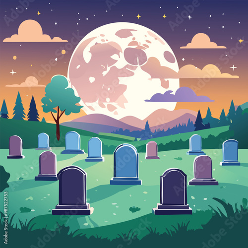 Tombstones in a graveyard at midnight