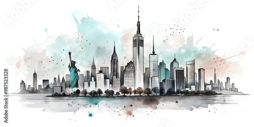 New York on a transparent or white background, city skyline, skyscrapers, good architecture