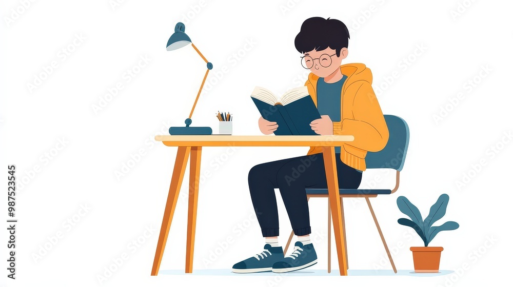 Fototapeta premium A Child's Journey Through Literature: Embracing the Joy of Reading at a Cozy Desk Space