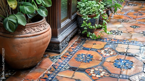 Terracotta Pots and Ornate Tile Floor in an Indoor Setting photo