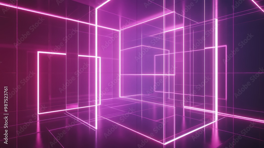 Fototapeta premium A 3D abstract model of interconnected geometric shapes made of glowing neon lines, floating in an infinite void.
