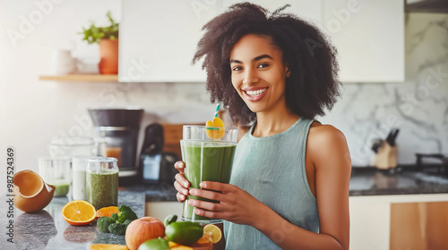 A young woman in a modern, minimalist kitchen preparing a green smoothie from fresh fruits and vegetables. She is smiling, with natural lighting illuminating her face and ingredients on the counter