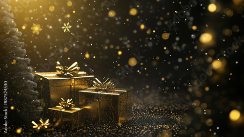 Cinematic Christmas Background with Golden Gifts and Snowflakes photo