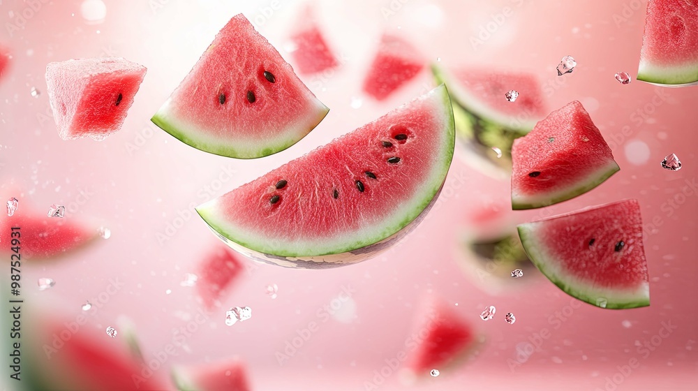 Watermelon Slices Falling in Pink Background
