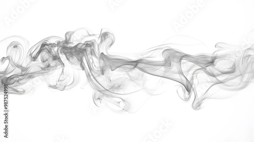 Abstract gray smoke trails swirling and flowing on a white background.