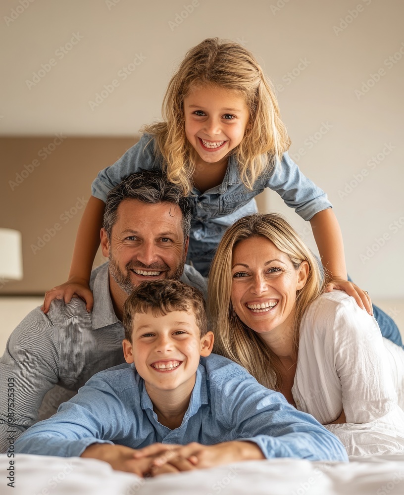 A happy family poses together on a bed, showcasing joy and togetherness. A happy family poses together on a bed, showcasing joy and togetherness.