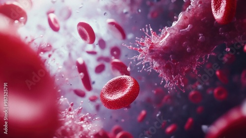 Animated cells in the bloodstream, focusing on the interaction between red and white blood cells. photo