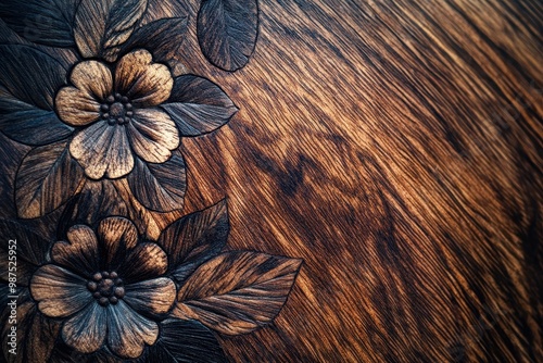 Carved Wooden Flowers on Dark Brown Grain photo