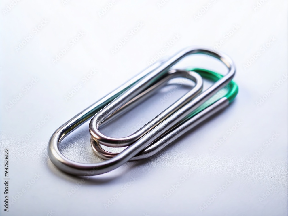 Close-up of a silver paper clip on a white background showcasing simplicity and office supplies design