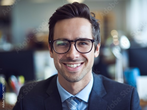 Happy businessman portrait. Smiling man wearing glasses and a suit in an office setting. He appears confident and successful.