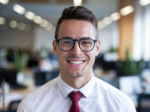 Businessman smiling office. Portrait of a happy businessman wearing glasses and a tie in an office setting.