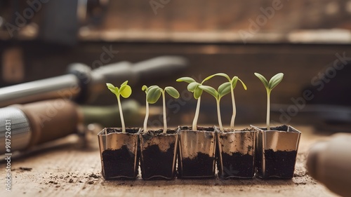 Realistic Row of Sprouting Seedlings: Gardening as a Hobby photo