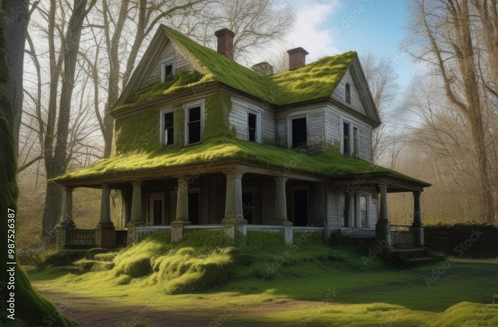 Close-up. Abandoned house covered with moss in the sunlight. 
