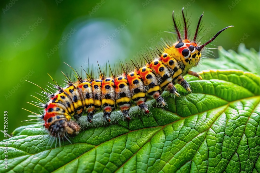 Close-up of a Stinging Nettle Caterpillar on a Leaf in Natural Habitat, Green Background, Macro Shot Close-up of a Stinging Nettle Caterpillar on a Leaf in Natural Habitat, Green Background, Macro Shot