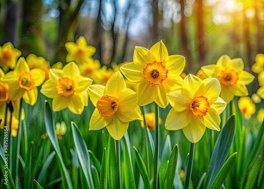 Fototapeta premium Bright yellow daffodils burst forth amidst a tapestry of lush greenery, announcing the arrival of spring in a vibrant display of color and life.
