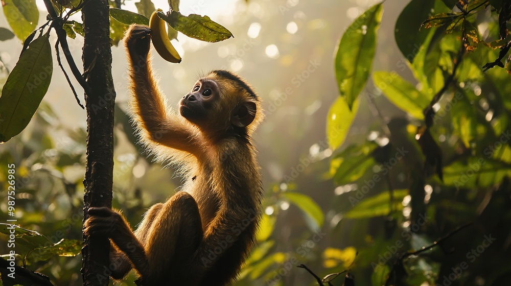 Fototapeta premium A monkey clings to a tree branch amidst a forest with sunlight filtering through the treetops and fallen leaves below