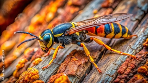 Close-up of a Wood Wasp on Tree Bark Highlighting Natural Habitat and Intricate Body Structure photo