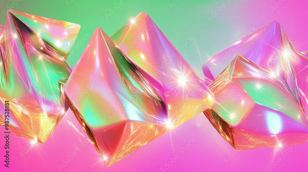 Colorful, iridescent geometric shapes against a vibrant gradient background.