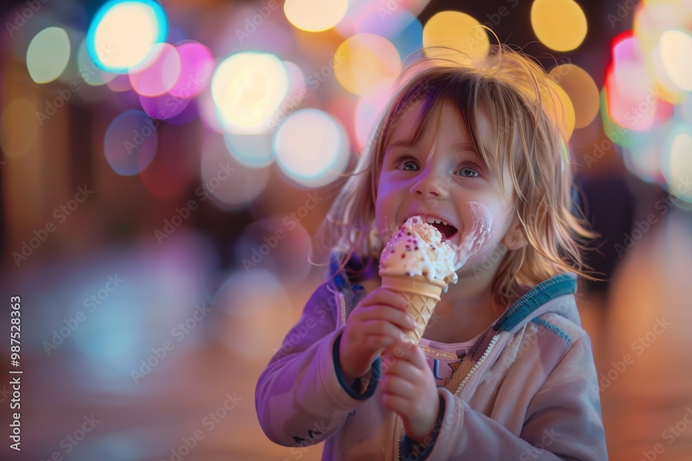 A child finds happiness in every lick of ice cream. Candid shot of blonde girl framed natural light. Timeless magic of child's unfiltered happiness. A child finds happiness in every lick of ice cream. Candid shot of blonde girl framed natural light. Timeless magic of child's unfiltered happiness.