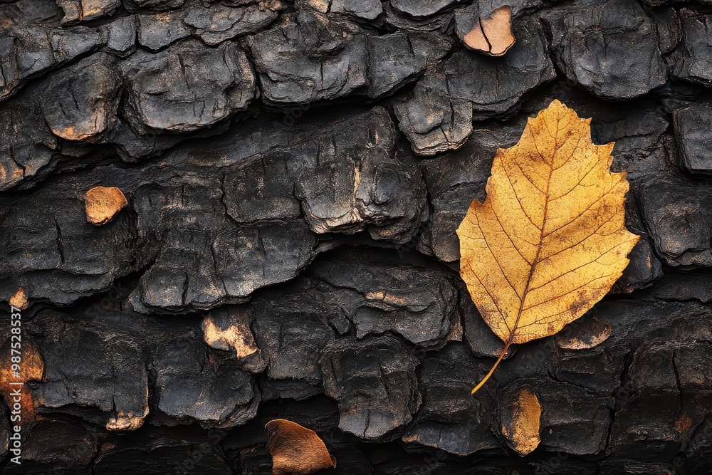 A Single Yellow Leaf Resting on Dark Bark A Single Yellow Leaf Resting on Dark Bark
