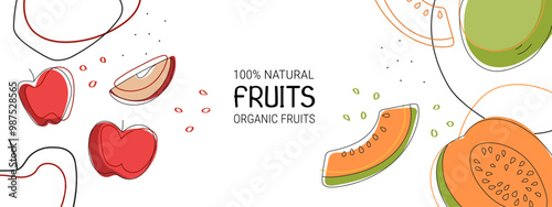 Color banner with different fruits , modern design for web and advertising. Hand drawn illustration design template with apple and melon in trendy doodle art style. Organic, natural