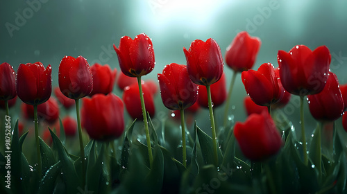 Vibrant red tulips with dew drops, standing tall in a lush green field, creating a serene and refreshing atmosphere. photo