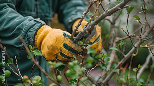 Close-up of Hands in Yellow Gloves Pruning a Tree Branch
