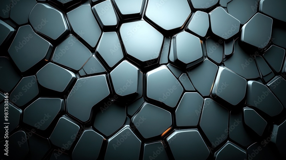 Abstract geometric pattern of dark hexagonal shapes with glossy surfaces. Abstract geometric pattern of dark hexagonal shapes with glossy surfaces.