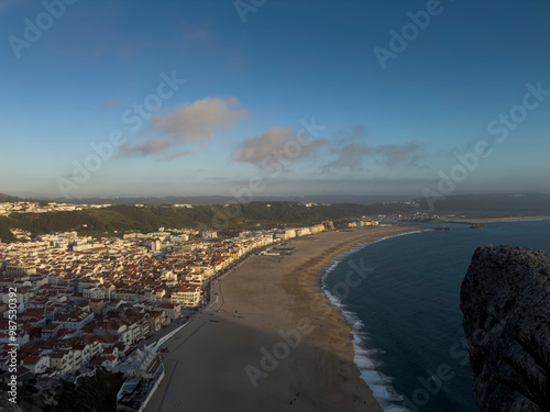 Panoramic view of the town of Nazare and its beach along the Atlantic coast of Portugal, Europe