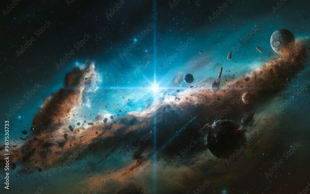 Cosmic dust cloud. A swirling cloud of dust and gas in deep space, with a brilliant star at its center.  This scene represents the creation of new stars and planets.