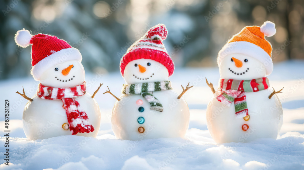 Cheerful snowmen in festive hats and scarves Cheerful snowmen in festive hats and scarves