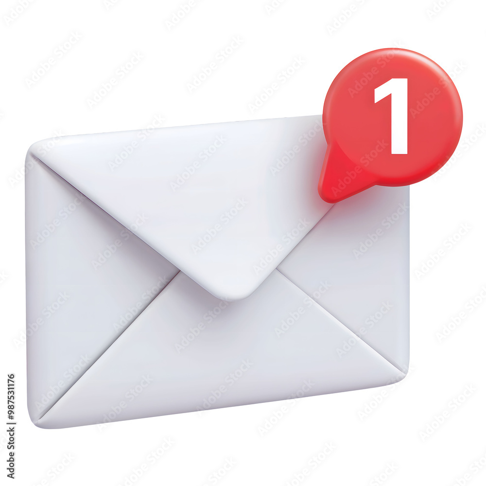 3D Rendered White Envelope with Red Notification Icon Indicating One New Message 3D Rendered White Envelope with Red Notification Icon Indicating One New Message
