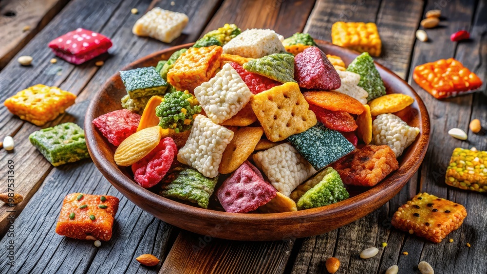 Delight in an array of Asian rice crackers, each offering unique ...