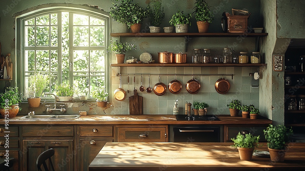 A well-stocked kitchen boasts ample pots and pans on a wooden countertop beside a window A well-stocked kitchen boasts ample pots and pans on a wooden countertop beside a window
