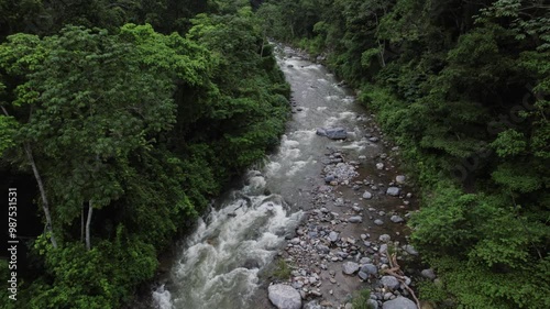 Aerial footage captures a river winding through a lush tropical forest.