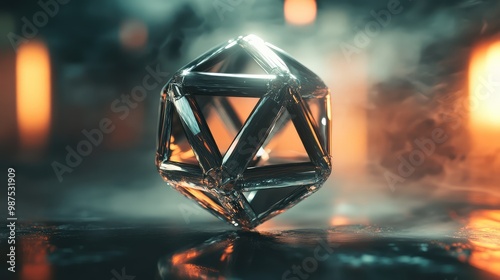 A floating 3D polyhedron made of reflective metal, rotating slowly in a space filled with diffuse light.