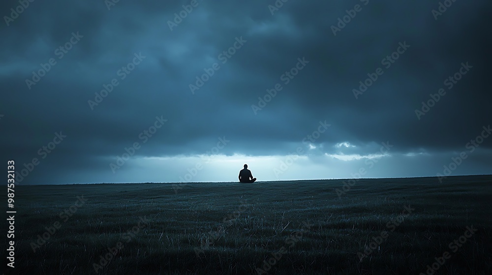Solitude in the Infinite: A Figure Contemplating Loneliness in an Endless Field under a Dark Sky Solitude in the Infinite: A Figure Contemplating Loneliness in an Endless Field under a Dark Sky
